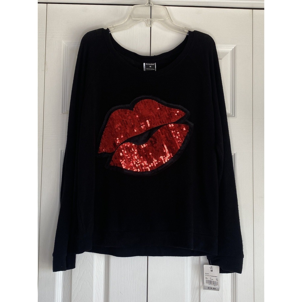 Black Sweater Red Sequined Lips Kiss Stranded Women's NOS Sz Med